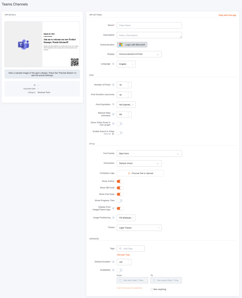 Initial setup screen for the Teams Channels app showing configurable fields available for customization.