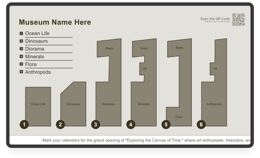 Museum digital signage screen with wayfinding map