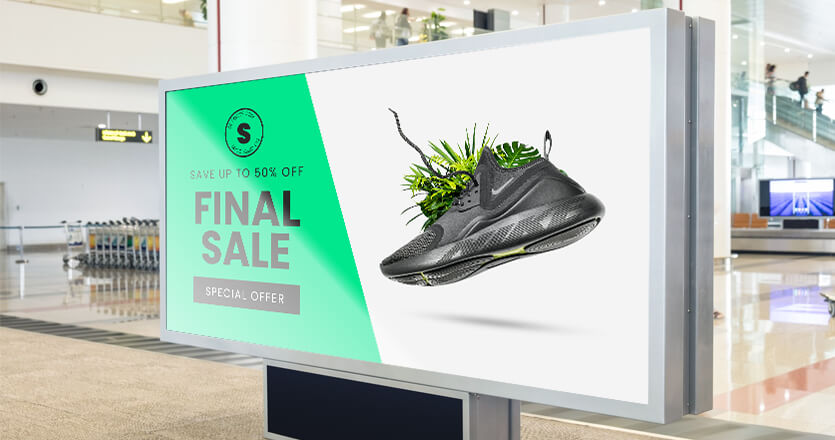 A display board showcasing a footwear sale 