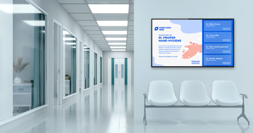 Waiting room signage display in a hospital waiting room