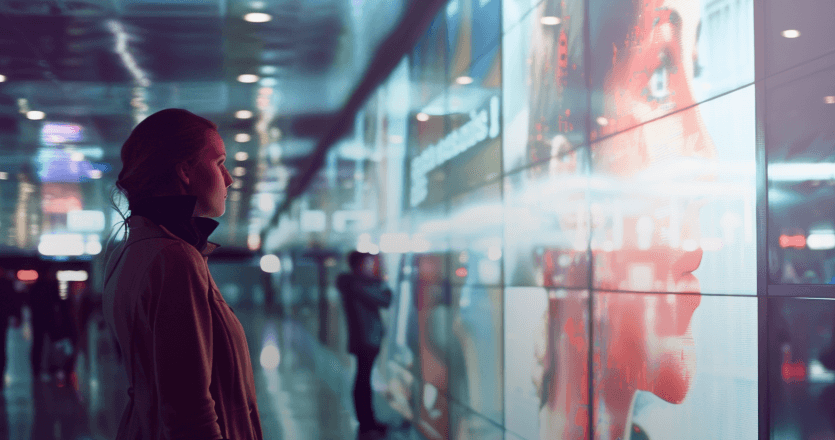 A person looking at a screen placed at a wall full of screens