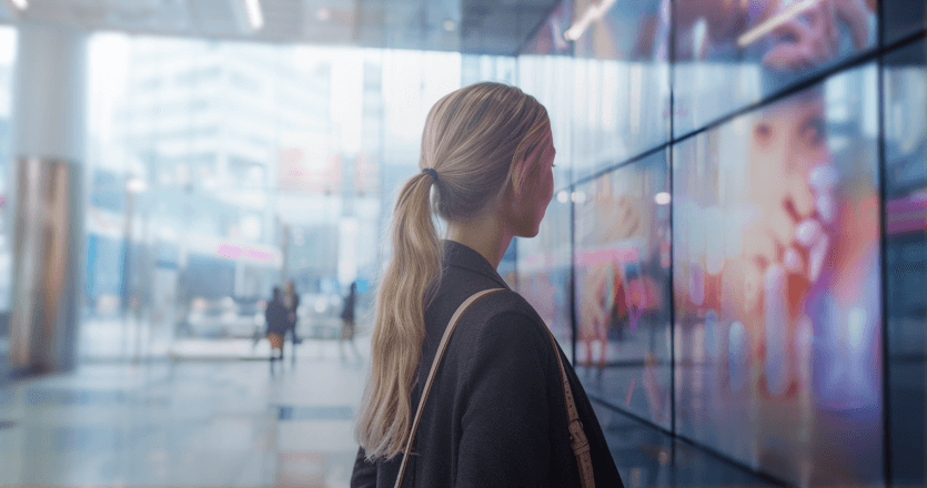 A woman watching a screen in an open space