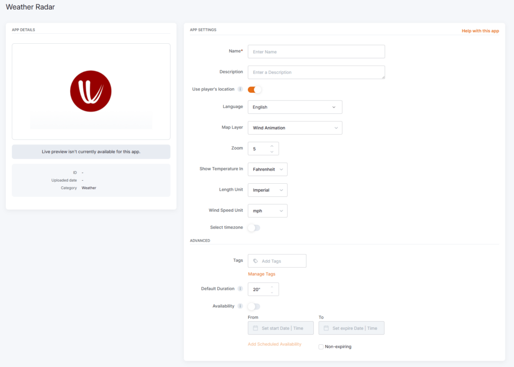 Initial setup screen for the Weather Radar app showing configurable fields for location, units, language, and availability before customization.