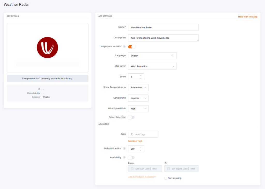 Completed Weather Radar app configuration in the Yodeck platform, featuring filled fields for map layers, temperature, measurement system, language, and more.