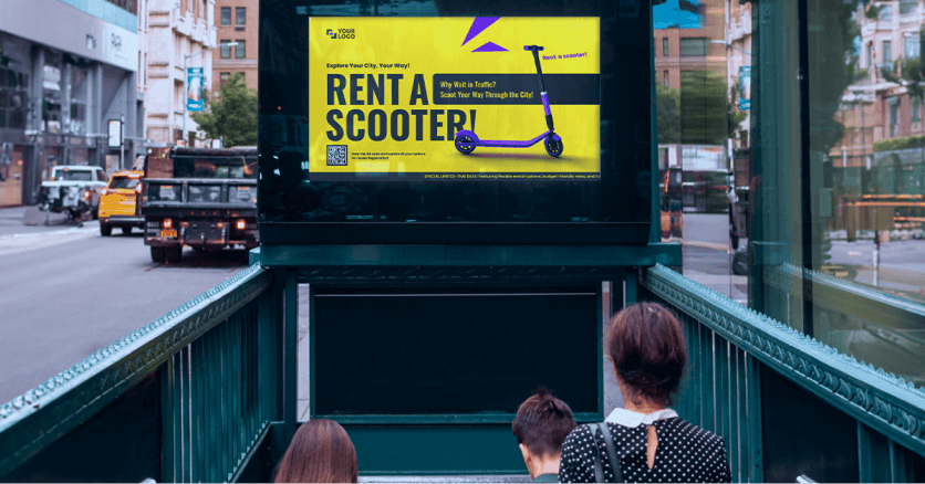 A digital signage screen in a station promoting scooter rentals