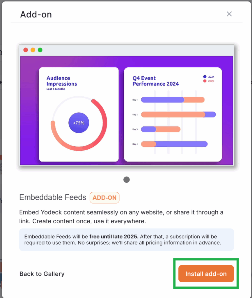 Embeddable Feeds add-on preview with Install button and description of its features