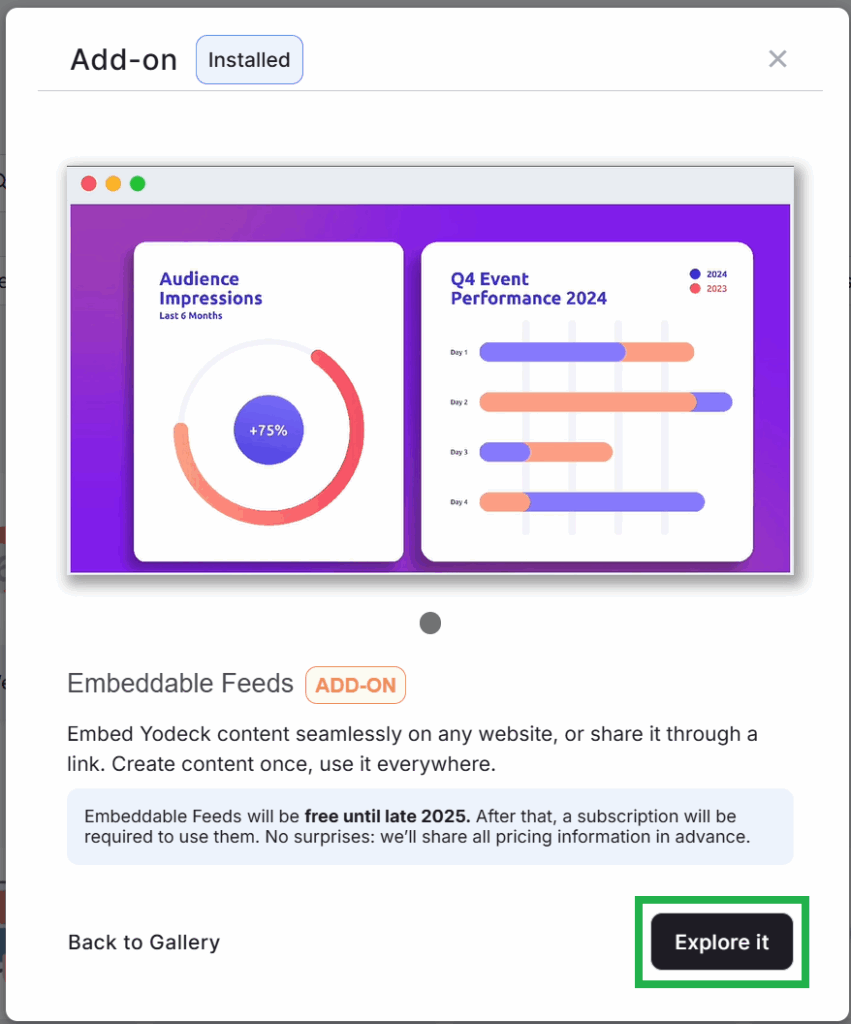 Embeddable Feeds add-on marked as installed with option to explore the feature