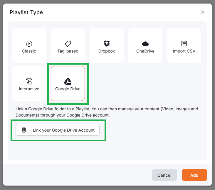 Highlighted Google Drive icon initiating the pairing of the platform's playlists with a Google Drive account folder.