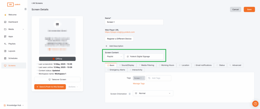 Platform illustration of the second method of assigning a Google Drive playlist to a single screen.