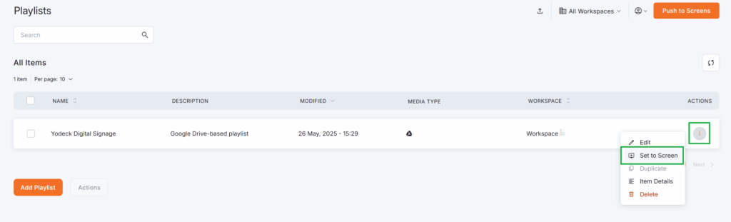 Platform illustration of the first method of assigning a Google Drive playlist to a single screen.
