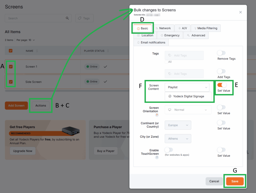 Platform illustration of the bulk method of assigning a Google Drive playlist to multiple screens.