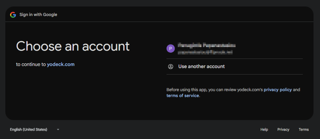 Linking the Yodeck platform to a Google Drive account by signing in or choosing an existing account.