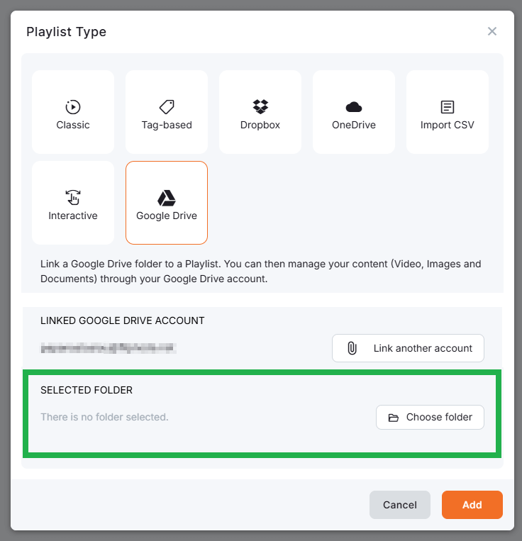 Highlighted platform option for selecting a Google Drive folder to be linked with the platform playlist.