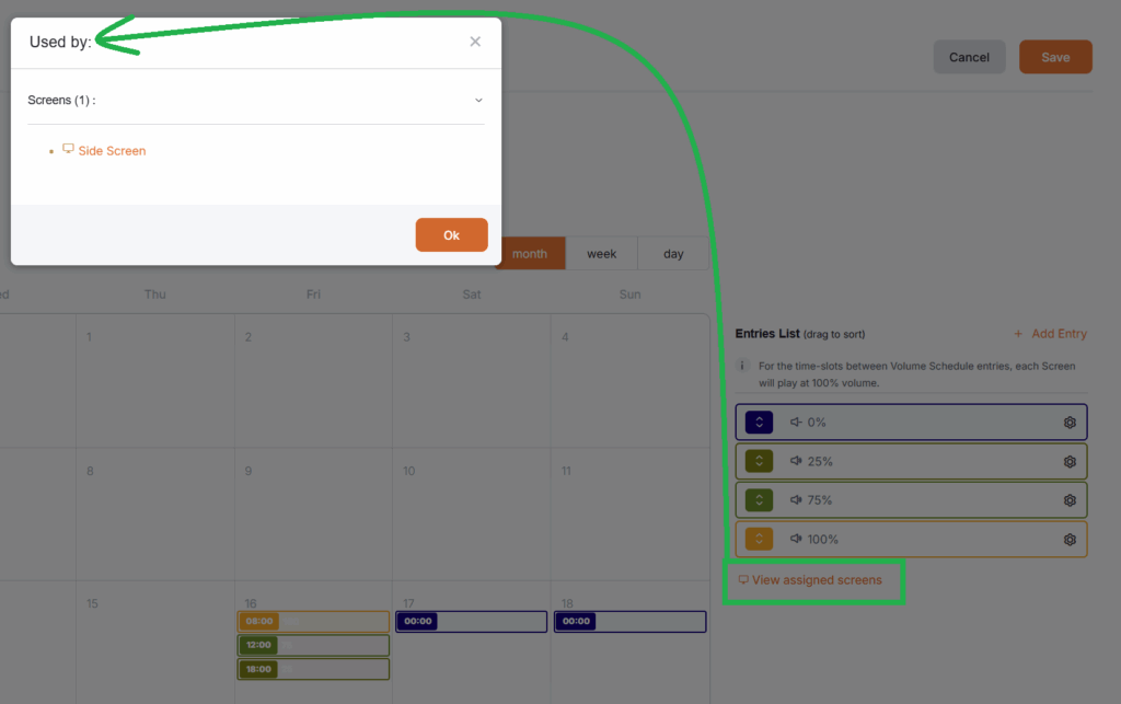 Illustration of the "View Assigned Screens" pop-up window of the platform displaying the designated screens for this schedule once clicked.