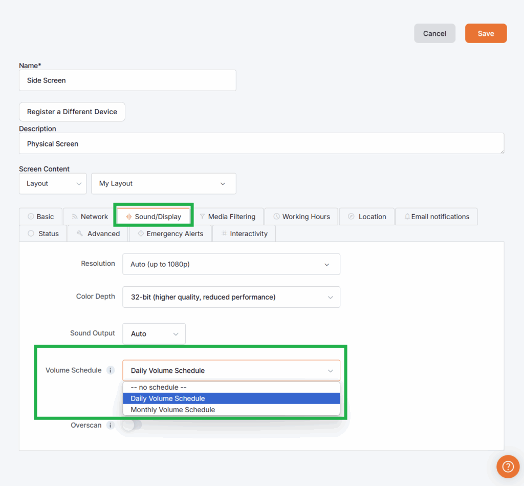 Platform illustration of the second method of assigning a Volume Schedule to a single screen.