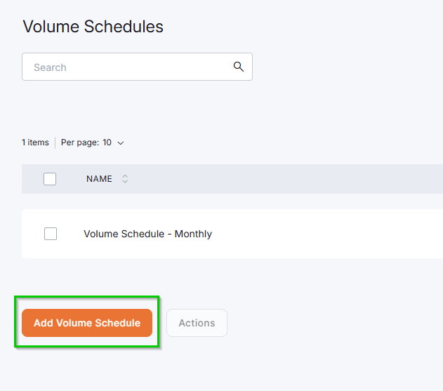 A highlighted "Add Volume Schedules" button indicates that Yodeck users must click this button to create a new Volume Schedule.