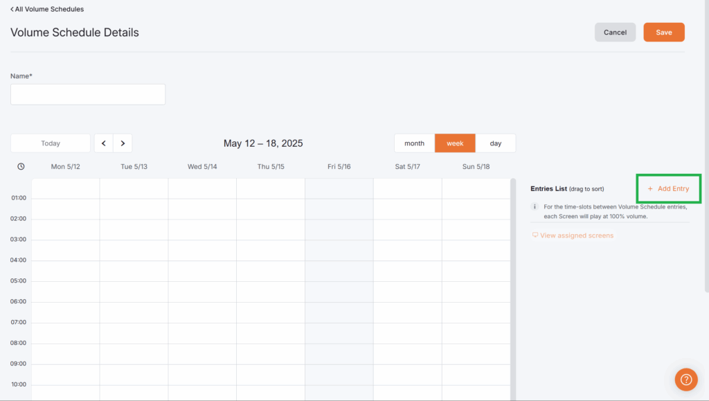 Overview of the Volume Schedule Details page, showcasing the schedule name, its entries, and the date options that govern the visible data in the large scheduling table at the center of the page.