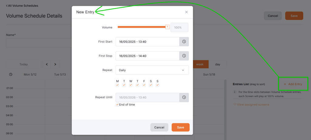 Clicking the New Entry button opens a pop-up window with options for setting up an entry in the Volume Schedule.