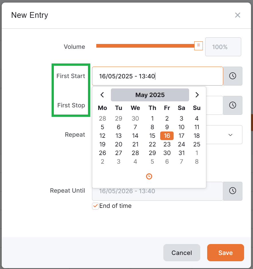 Two highlighted date fields determine the initial start and end dates and times for the schedule’s entry.