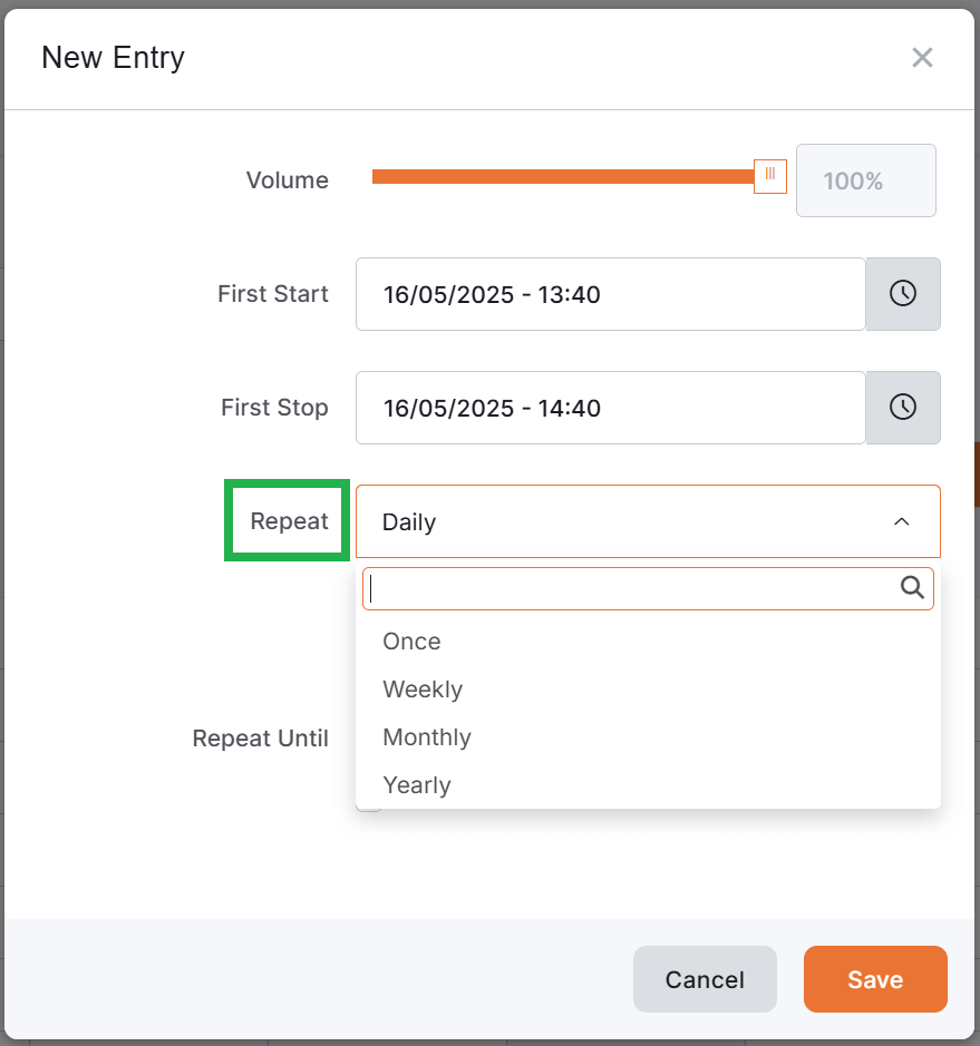 Another highlighted field specifies the repeat frequency for the schedule entry.