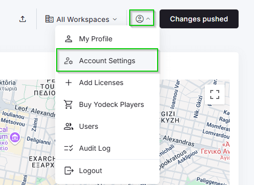 The "Account Settings" option can be accessed via the "My Profile" button on the Yodeck platform, directing users to the main settings page where the Volume Schedules section is located.