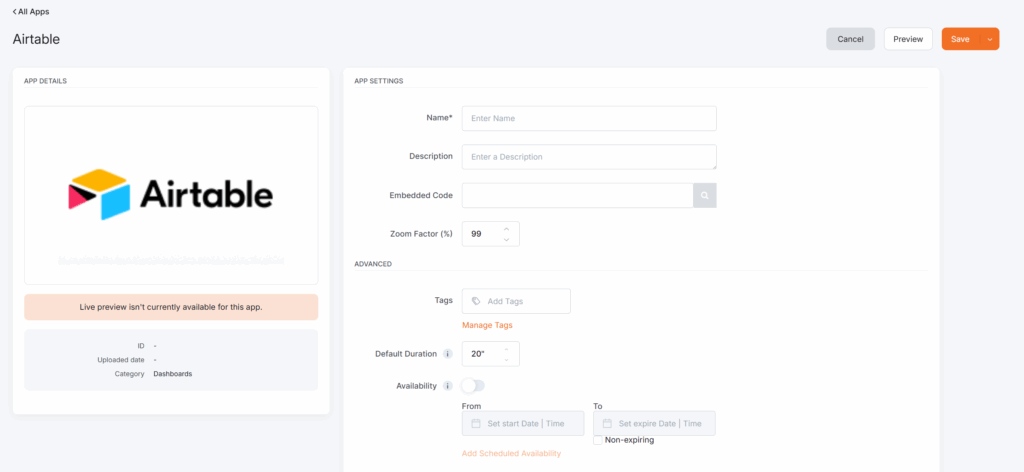 Airtable app configuration screen on the Yodeck platform, showing empty fields for Name, Description, and Embedded Code. Zoom Factor is set to 99%. Options for adding tags, setting default duration, and availability scheduling are visible. The Airtable logo appears on the left.