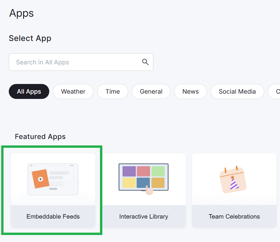 Yodeck Apps dashboard highlighting the Embeddable Feeds option under Featured Apps catalog