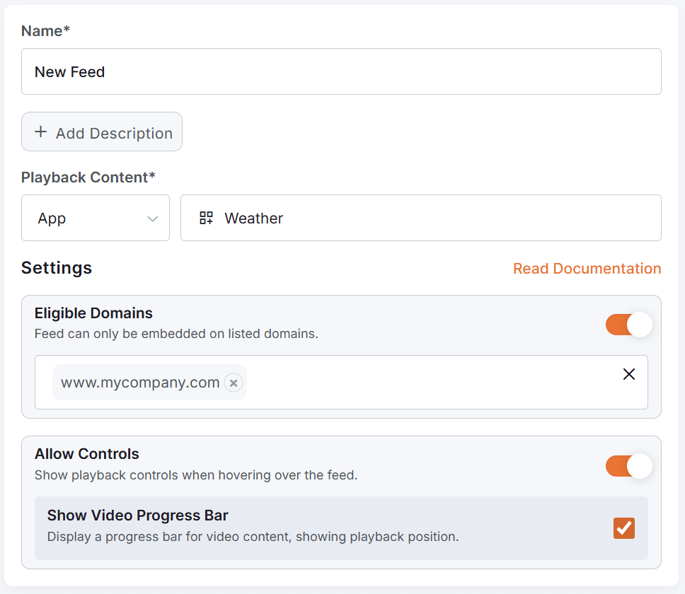 Embeddable Feed settings overview with example information alongside settings for domain restriction and playback control toggles