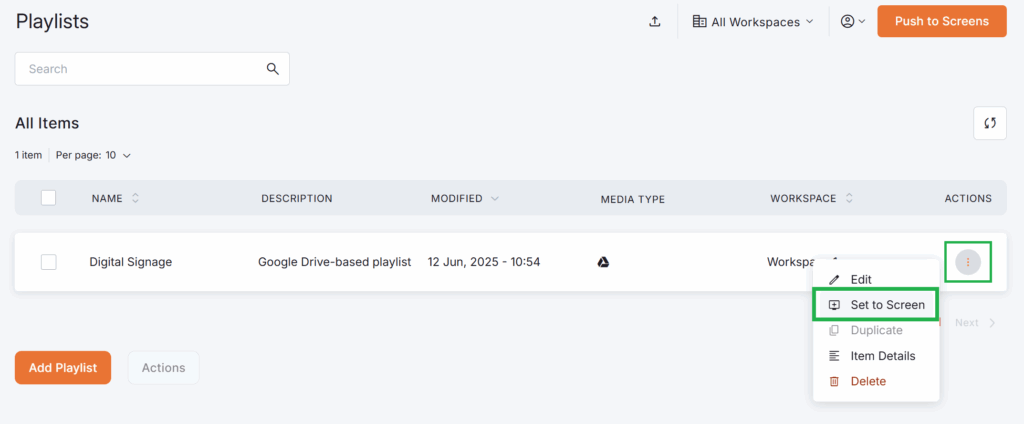 Playlist view with actions menu showing "Set to Screen" option for assigning content to the Feed
