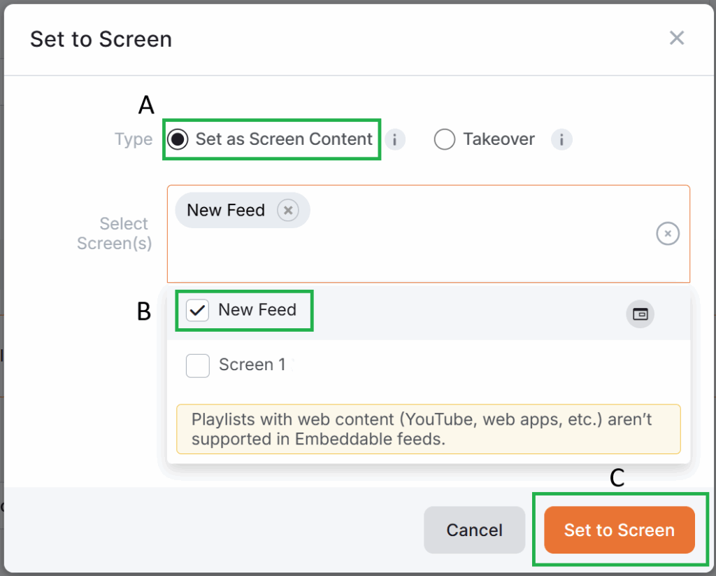 "Set to Screen" pop-up window for assigning a playlist to the selected Feed in Yodeck