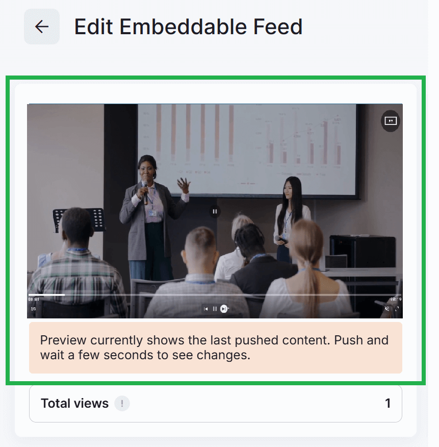 Edit Embeddable Feed preview showing pushed video content and view count