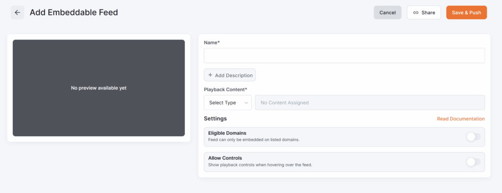 Add Embeddable Feed interface with preview area and settings options