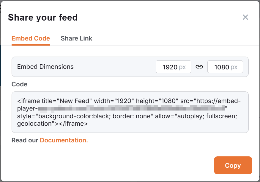Embed code generator for Embeddable Feed showing iframe code snippet and embed dimensions option