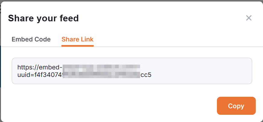 Share Link tab displaying URL link to access the Yodeck Embeddable Feed externally