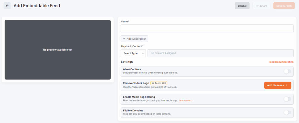Add Embeddable Feed interface with preview area and settings options.