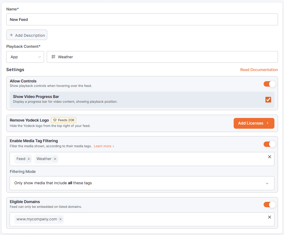Embeddable Feed settings overview with example information alongside settings for domain restriction, playback control toggles, media tagging, and the option to remove the Yodeck logo upon upgrading to a bigger plan.