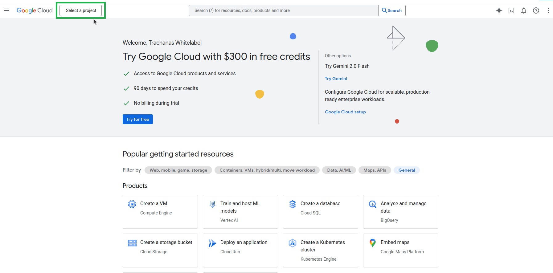 Google Cloud Console homepage with the 'Select a project' button highlighted at the top.