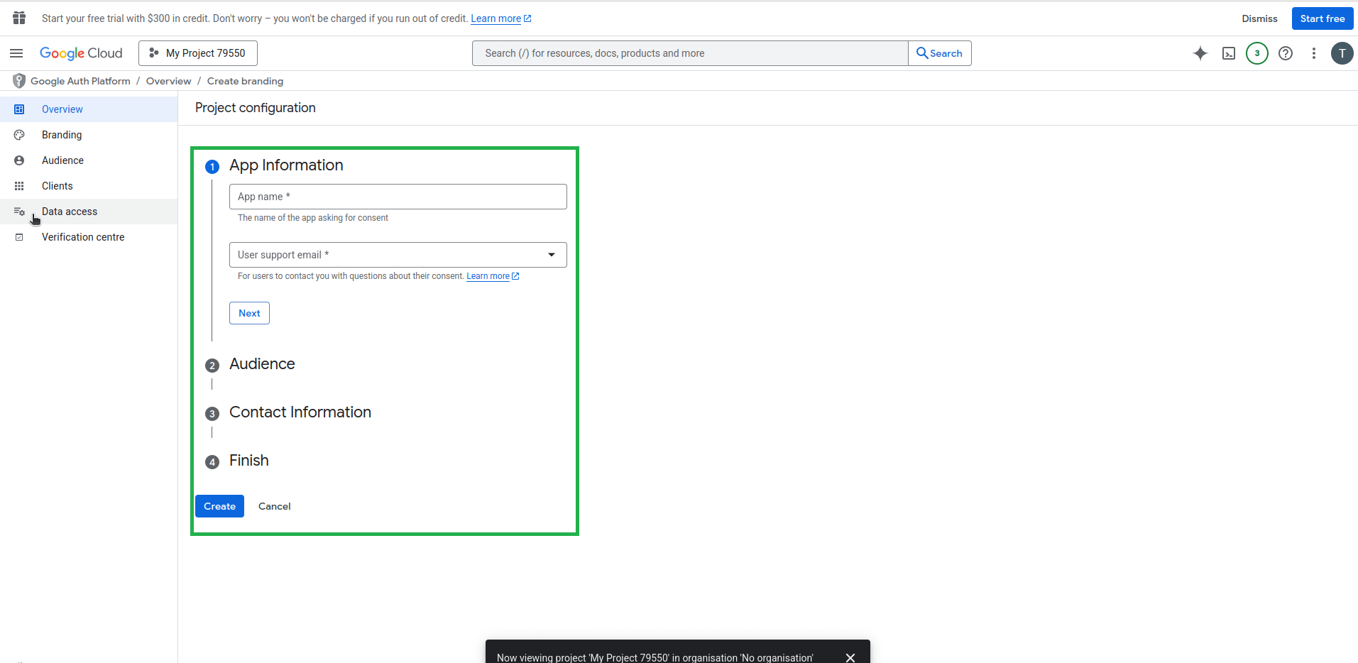 OAuth consent screen configuration showing the 'App Information' section with fields for app name and user support email highlighted.