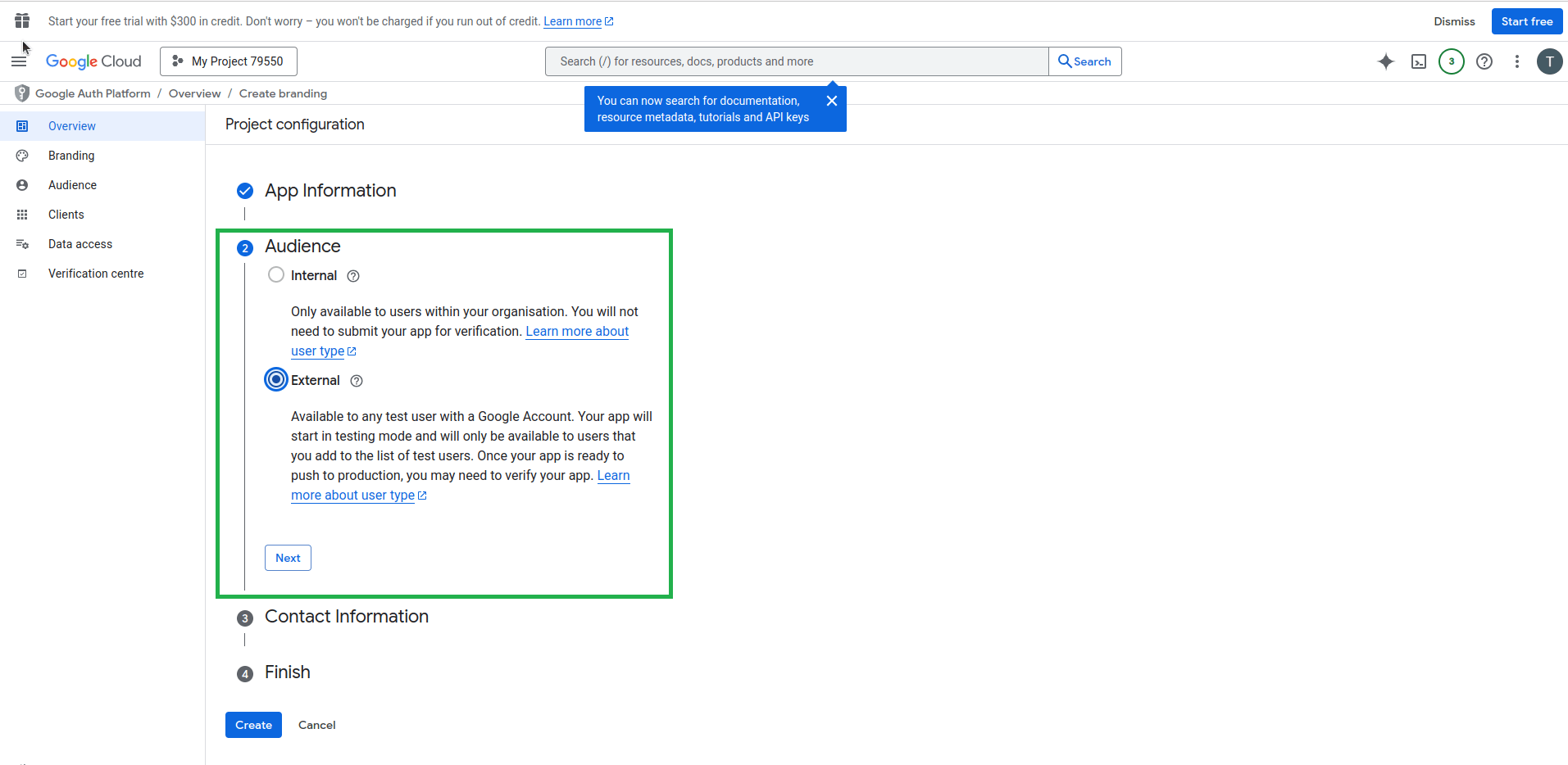 Google Cloud Project Configuration screen showing the “Audience” section with options to select Internal or External user access for the app.