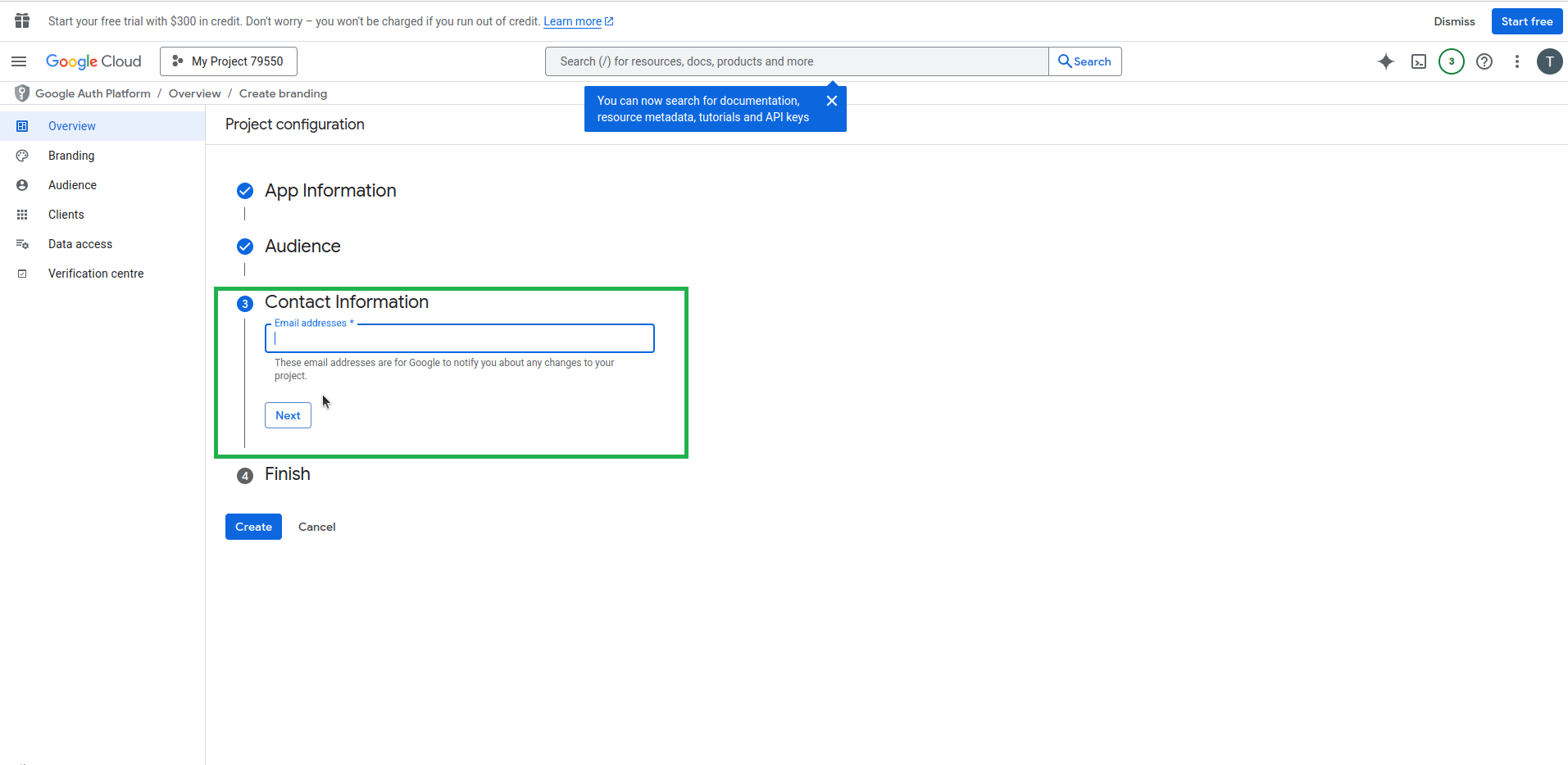 Google Cloud Project Configuration screen highlighting the “Contact Information” section where users must enter an email address.