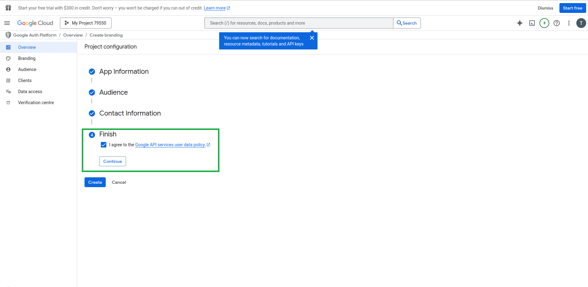 Google Cloud Project Configuration screen displaying the “Finish” section with a checkbox to agree to the Google API services user data policy.