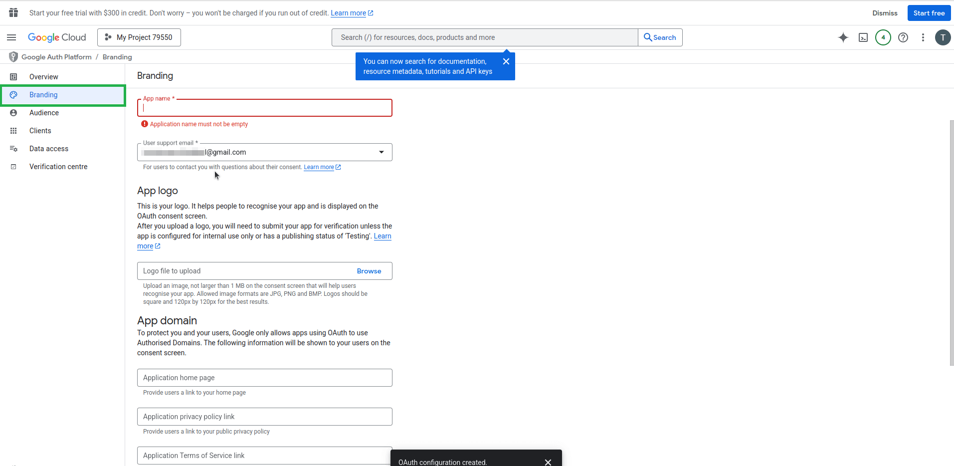 Google Cloud Branding tab with required fields for app name, user support email, app logo upload.