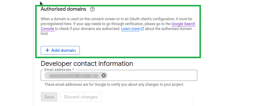 Google Cloud Branding tab showing the “Authorized domains” section with a button to add domains and a description about pre-registering domains.