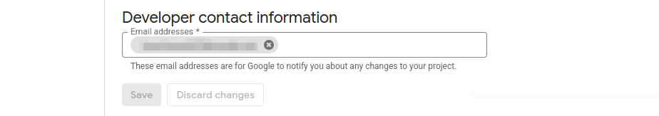 Google Cloud Branding tab showing the “Developer contact information” section with an email address input field.