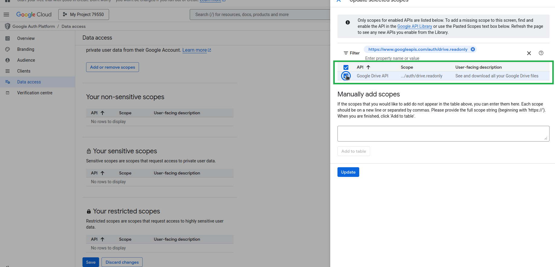 Google Cloud Data Access screen with the “Update selected scopes” popup open, displaying the Google Drive API scope selected for access.