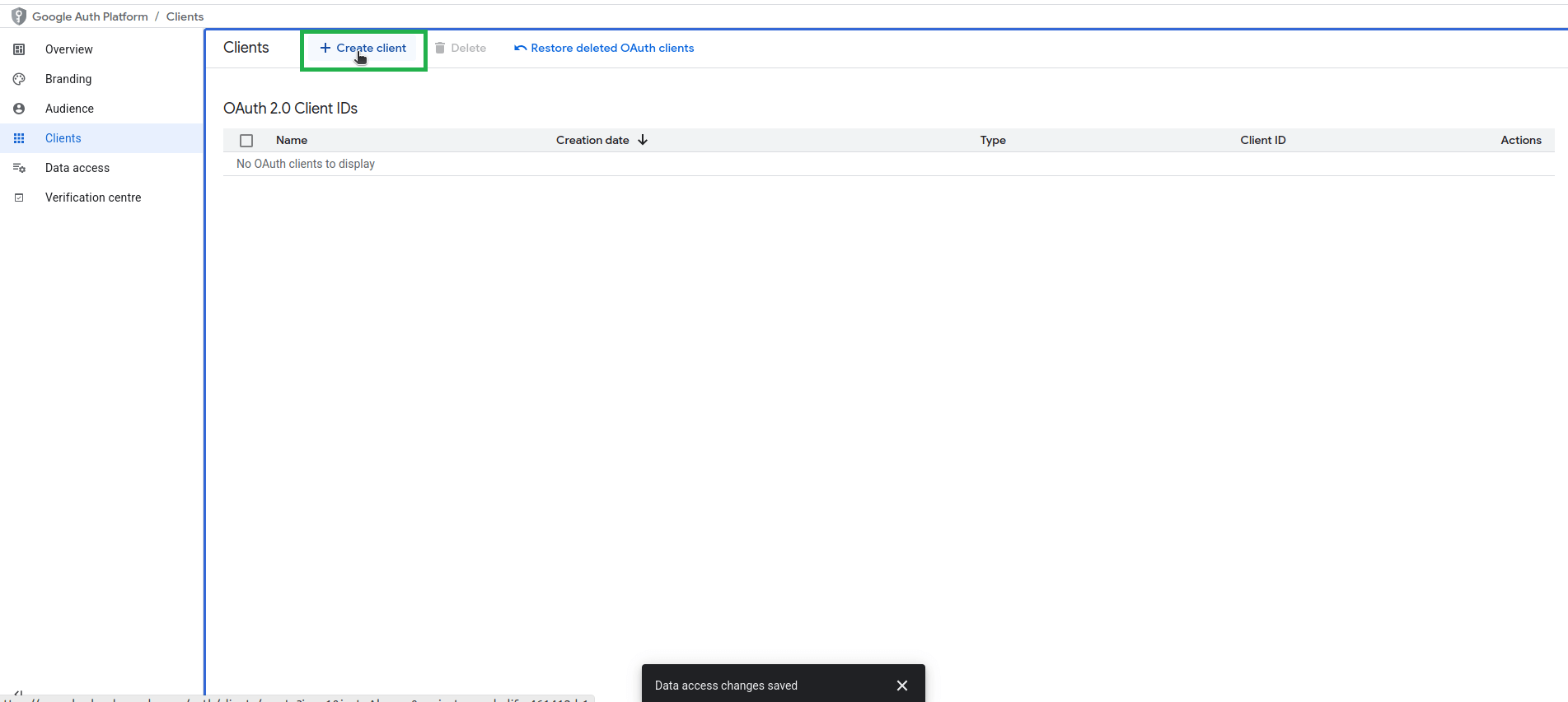 Google Cloud Clients tab showing a button to “Create client” for generating a new OAuth 2.0 Client ID.