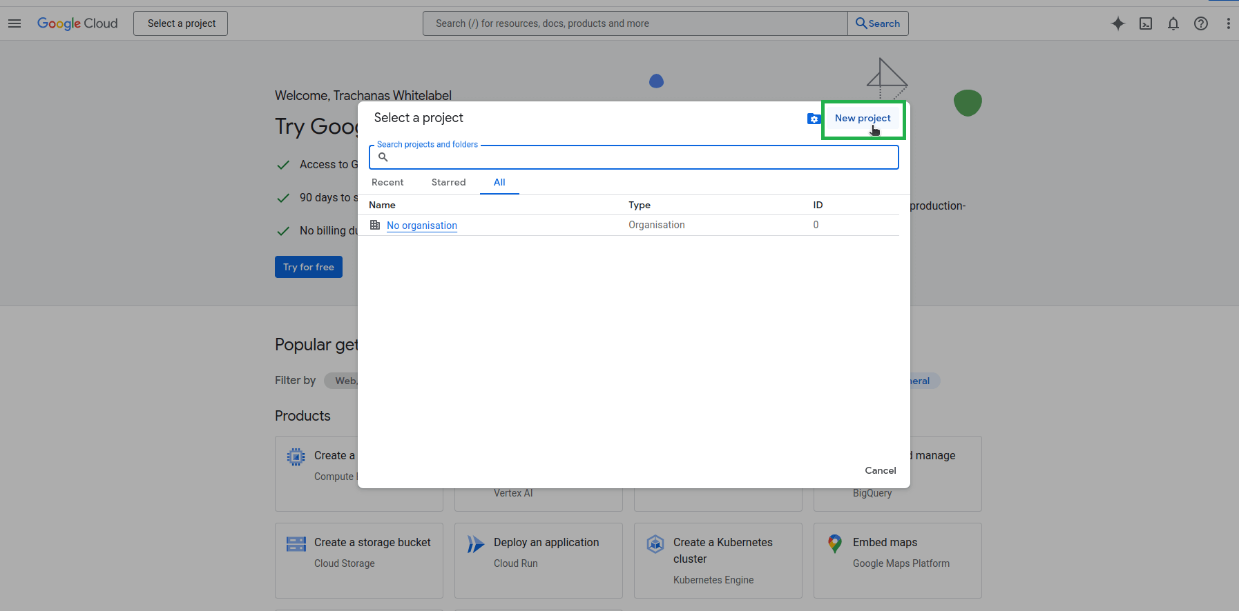 Project selection dialog in Google Cloud Console with 'New project' button highlighted.