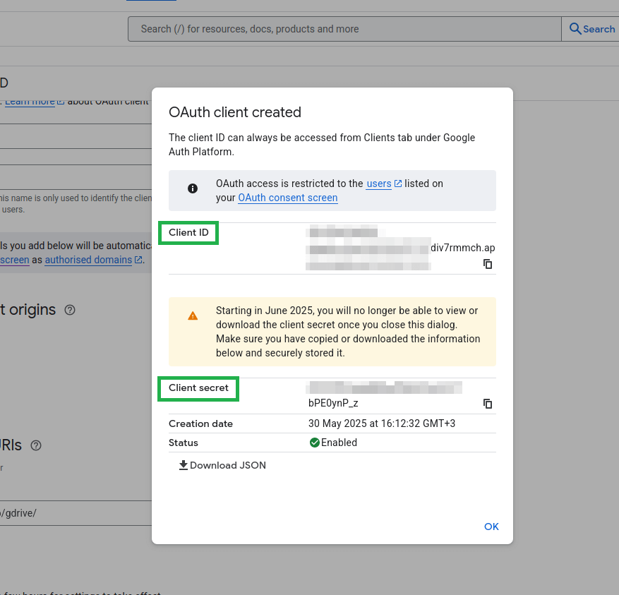 "Popup in Google Cloud displaying OAuth client credentials including the client ID, client secret, creation date, and status after creation."

