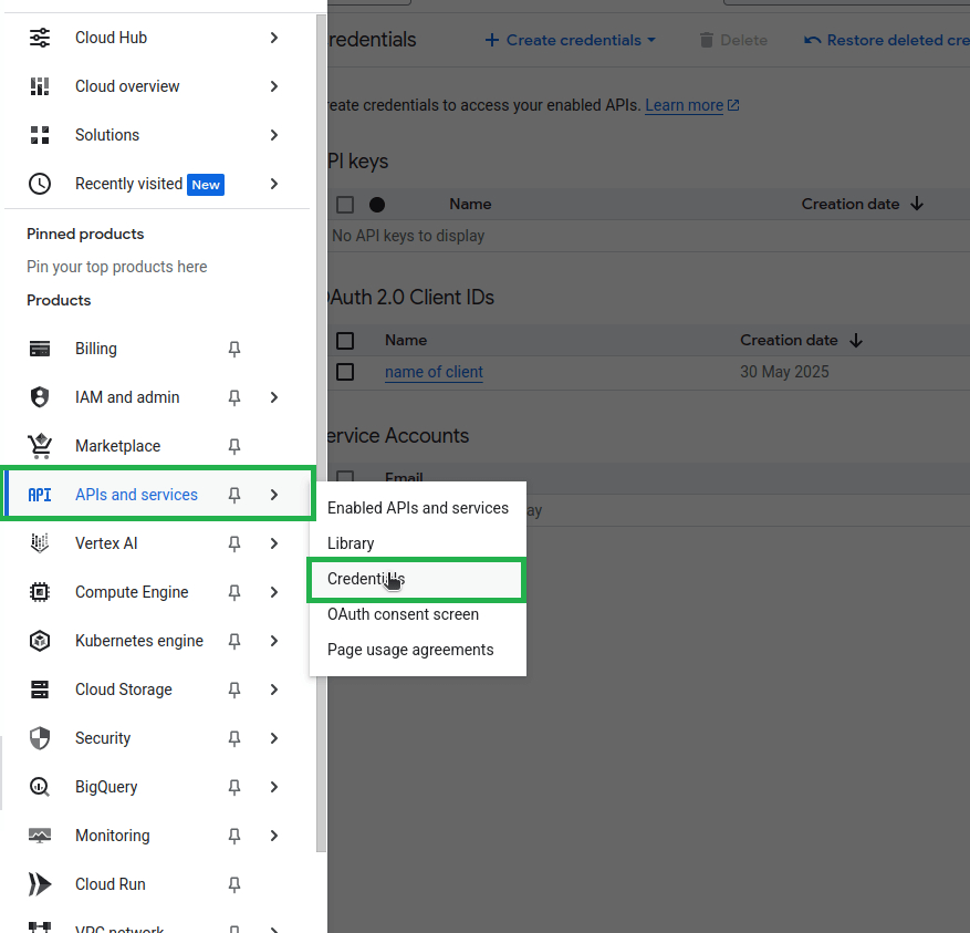 "Google Cloud console menu navigation showing how to access 'Credentials' under the 'APIs and services' section."