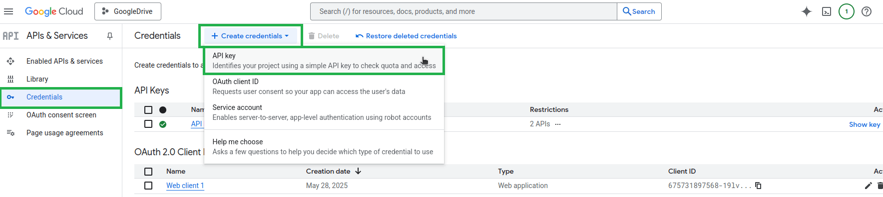 "Credentials page in Google Cloud displaying the dropdown options when creating a new credential, including API key, and more."